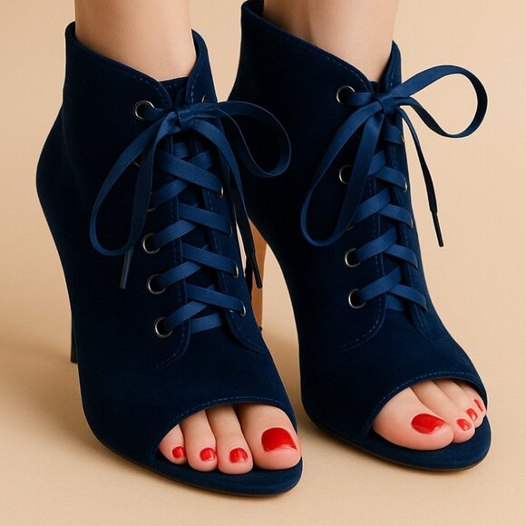 White House Black Market Blue Velvet Lace-Up Peep Toe Booties – Size 7 - Picture 1 of 13